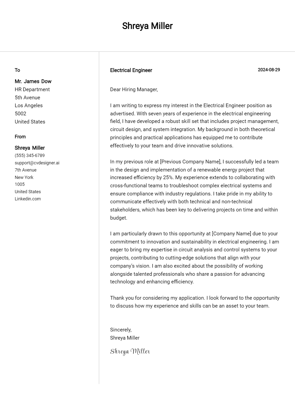 Electrical Engineer Cover Letter Example for 2026: Tips & Templates Preview