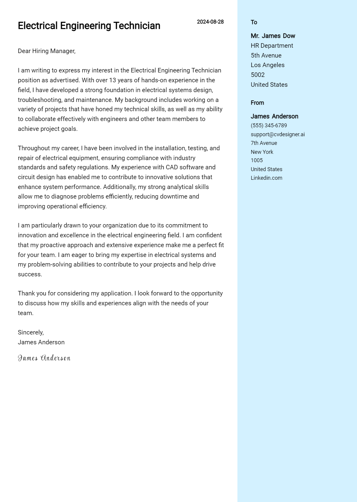 12 Electrical Engineering Technician Cover Letter Examples for 2026: Top CV Skills Preview