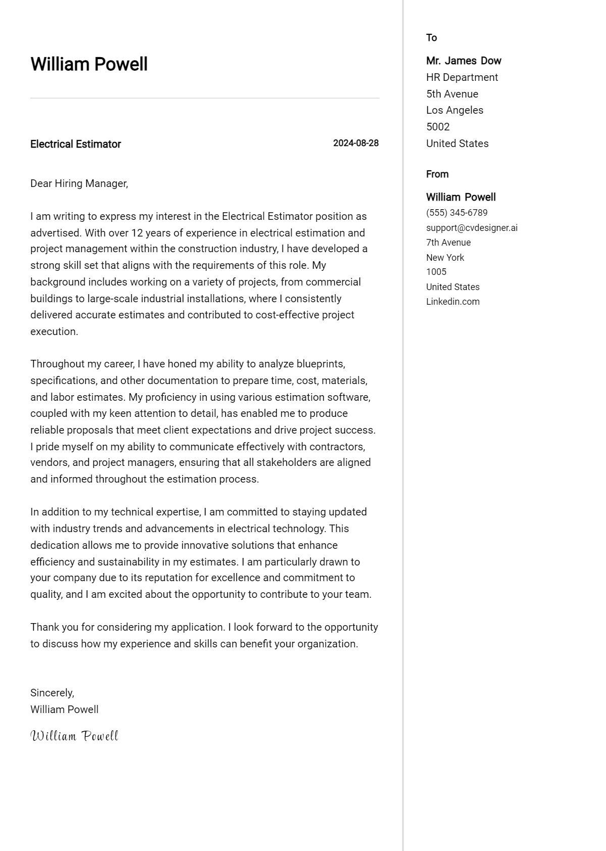 Electrical Estimator Cover Letter Examples with Writing Tips for 2026 Preview
