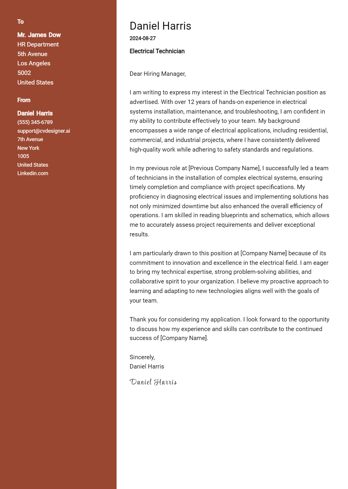 Electrical Technician Cover Letter Example for 2026 (Writing Guide) Preview