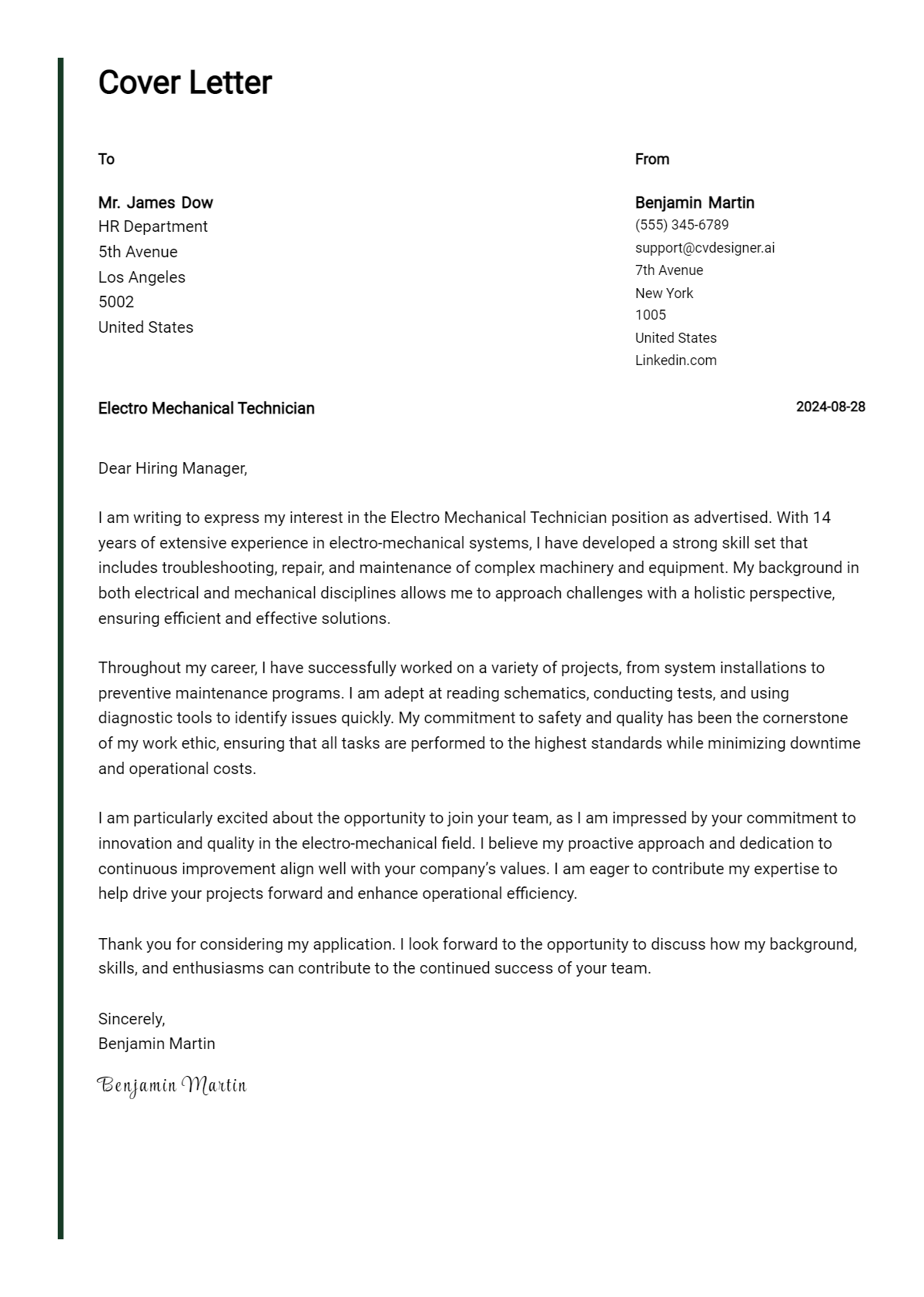 Electro Mechanical Technician Cover Letter Example for 2026: Ultimate Guide Preview