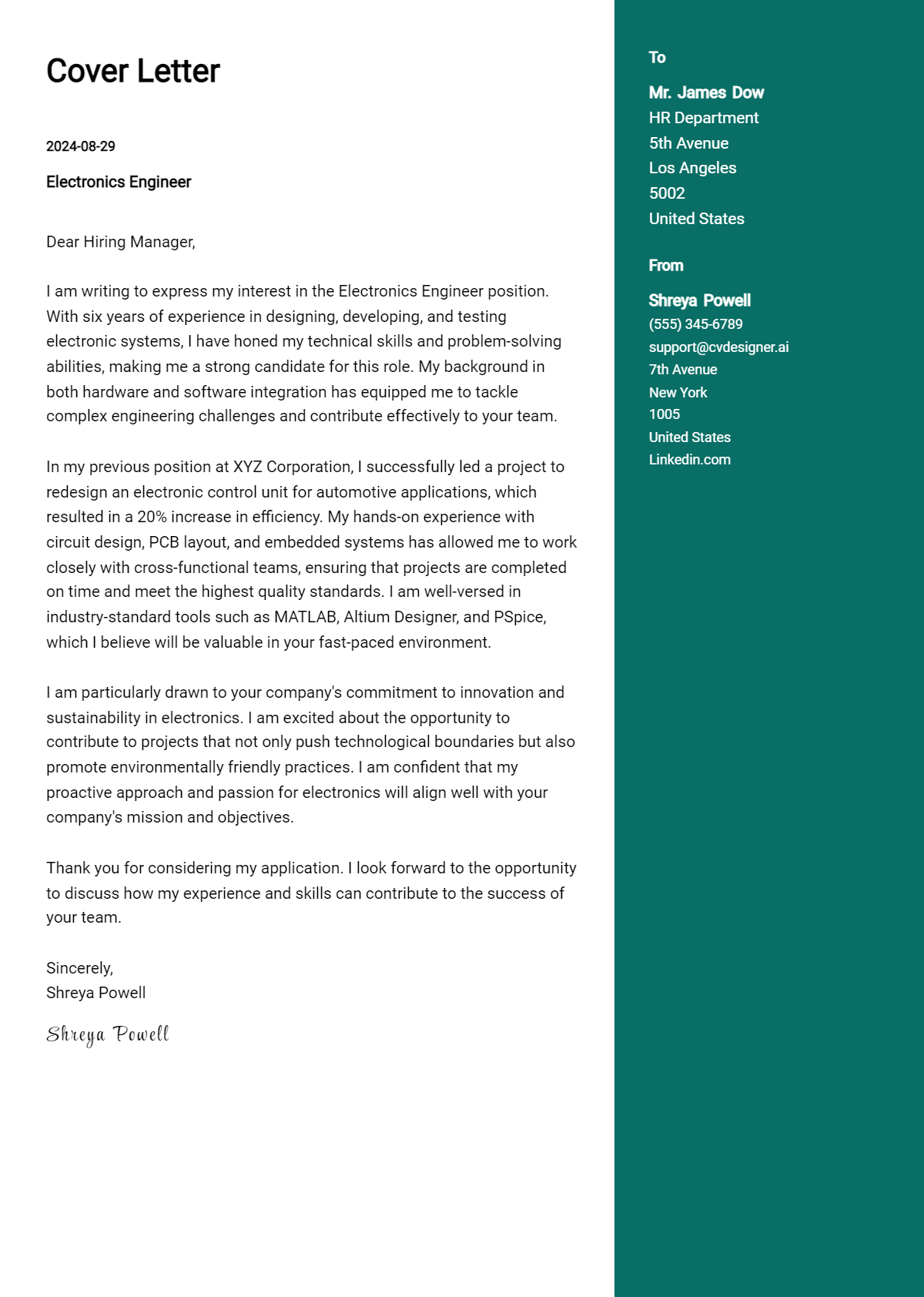 Electronics Engineer Cover Letter Example for 2026 (Complete Writing Guide) Preview