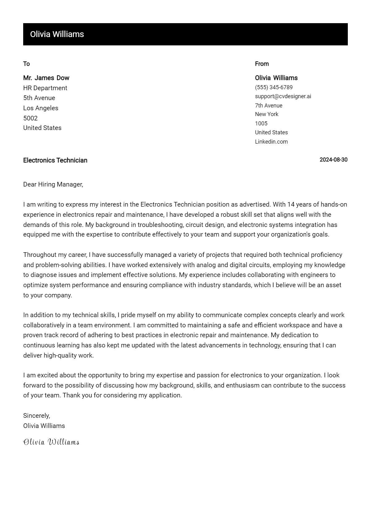 Electronics Technician Cover Letter Examples with Writing Tips for 2026 Preview