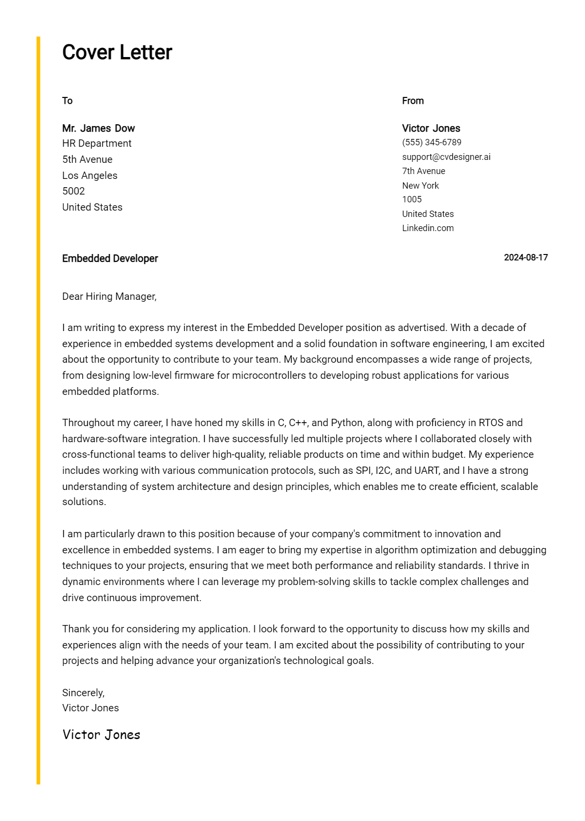 Embedded Developer Cover Letter Example for 2026: Expert Tips & Templates Preview