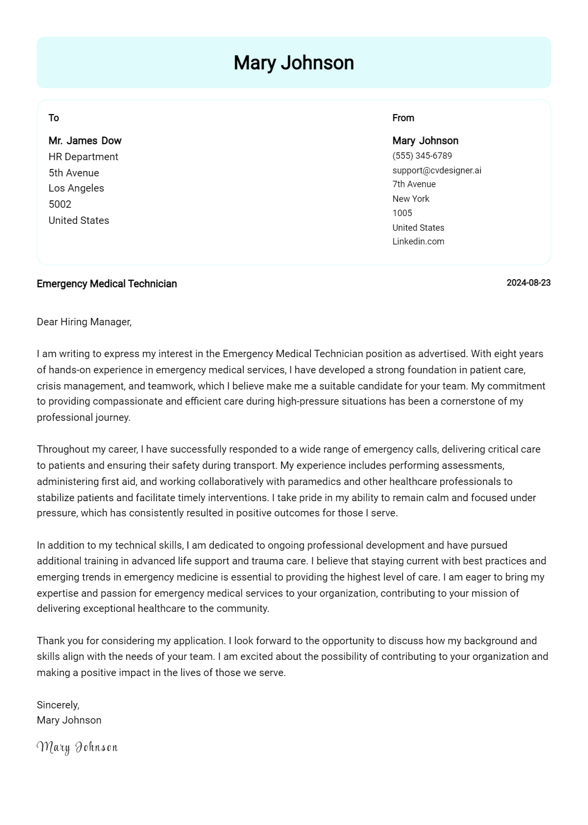 Emergency Medical Technician Cover Letter Example for 2026: Tips & Templates Preview