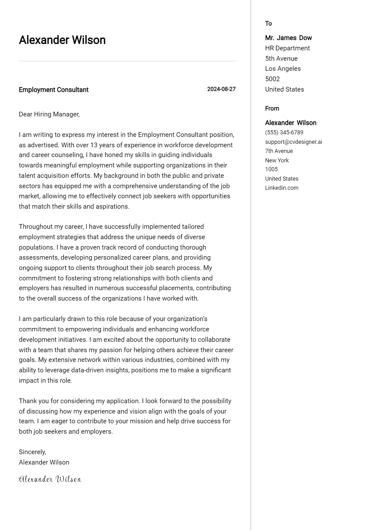 Employment Consultant Cover Letter Example for 2026 (Download Templates) Preview