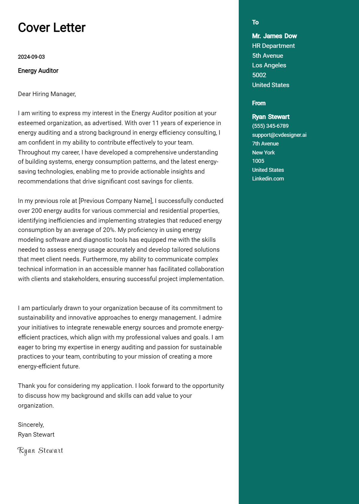 Energy Auditor Cover Letter Example for 2026 (Download Templates) Preview