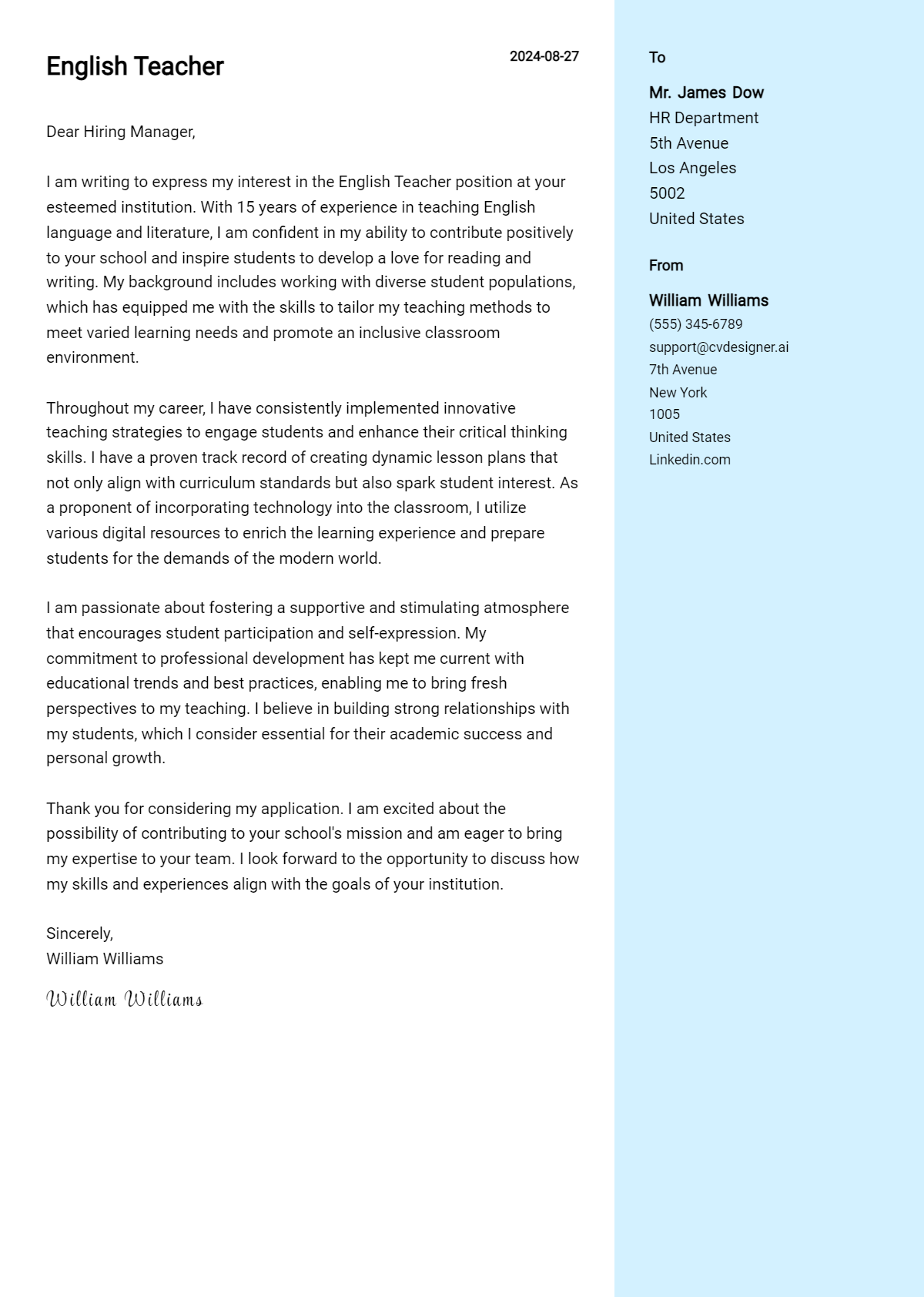 English Teacher Cover Letter Example for 2026: Free Templates Preview