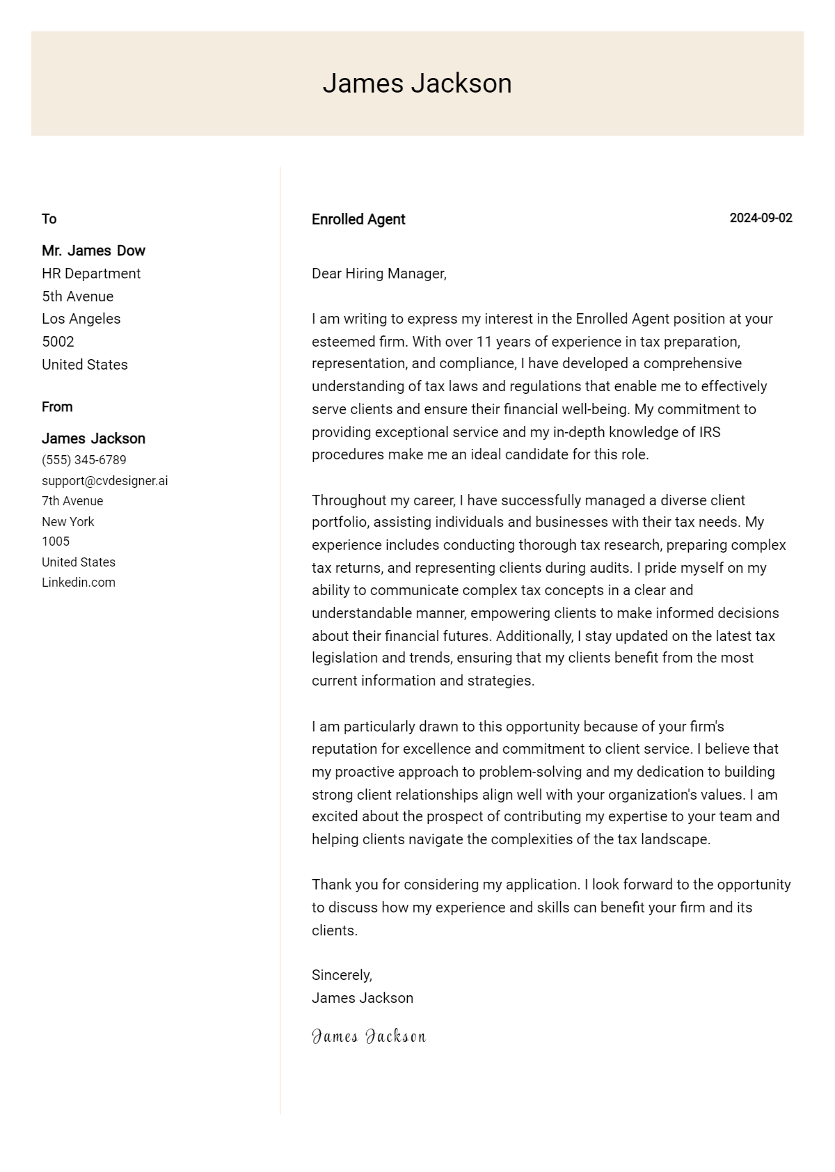 Enrolled Agent Cover Letter Example for 2026 (Writing Guide) Preview