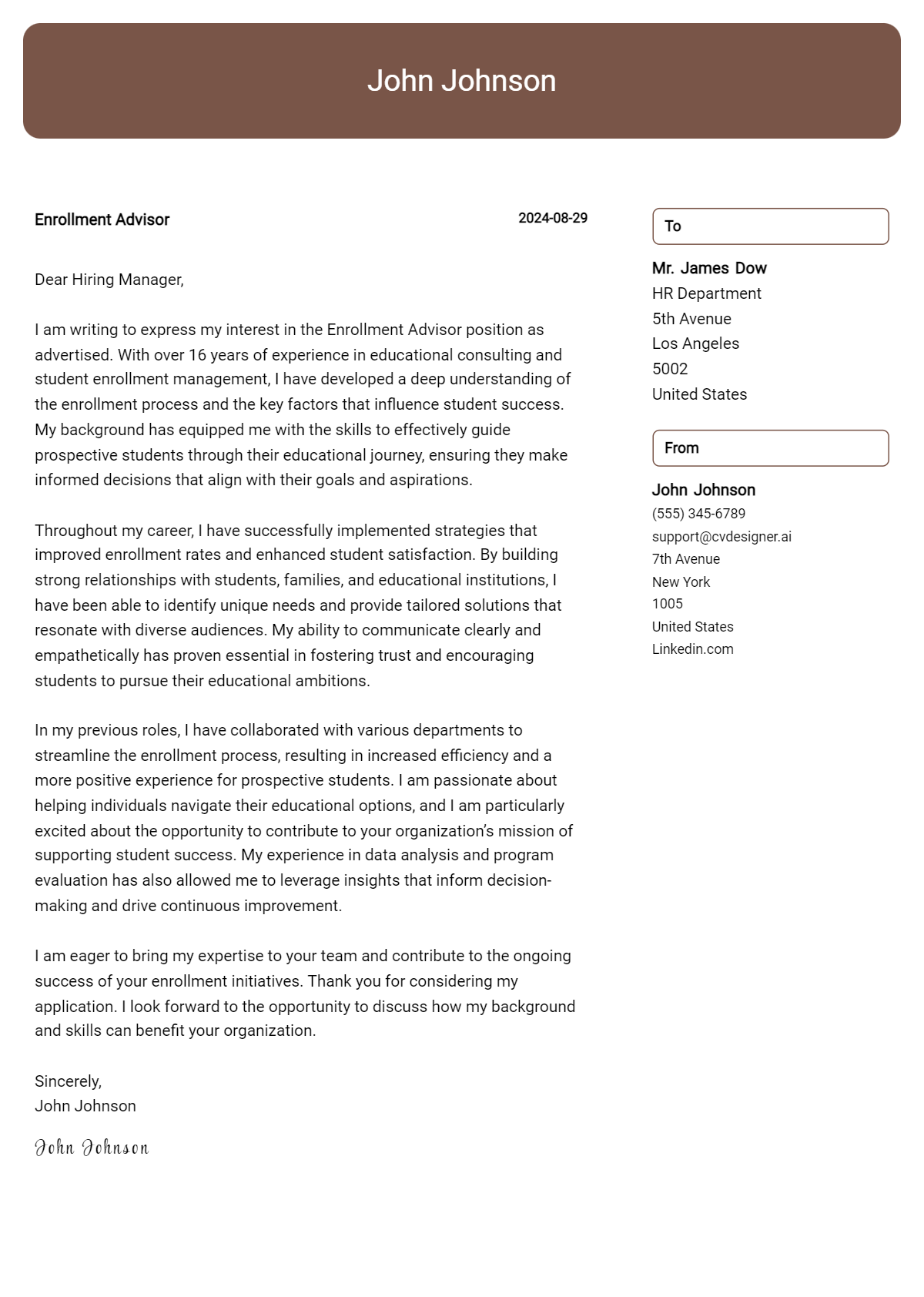 Enrollment Advisor Cover Letter Example for 2026: Ultimate Guide Preview