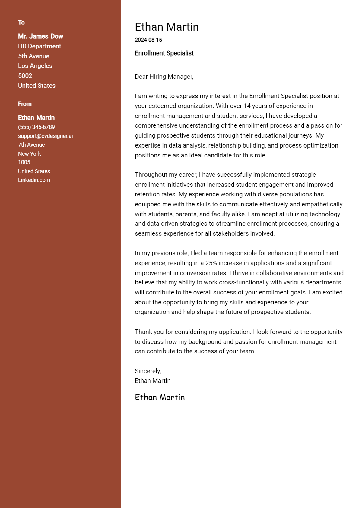 Enrollment Specialist Cover Letter Example for 2026: Top CV Skills Preview