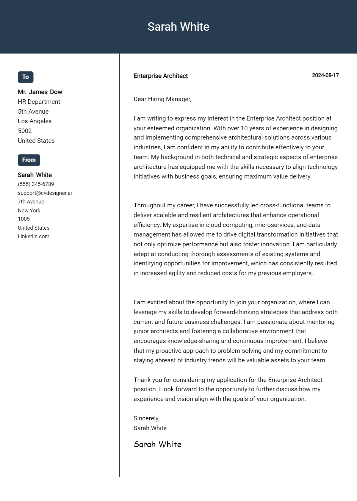 Enterprise Architect Cover Letter Examples for 2026 (Downloadable) Preview