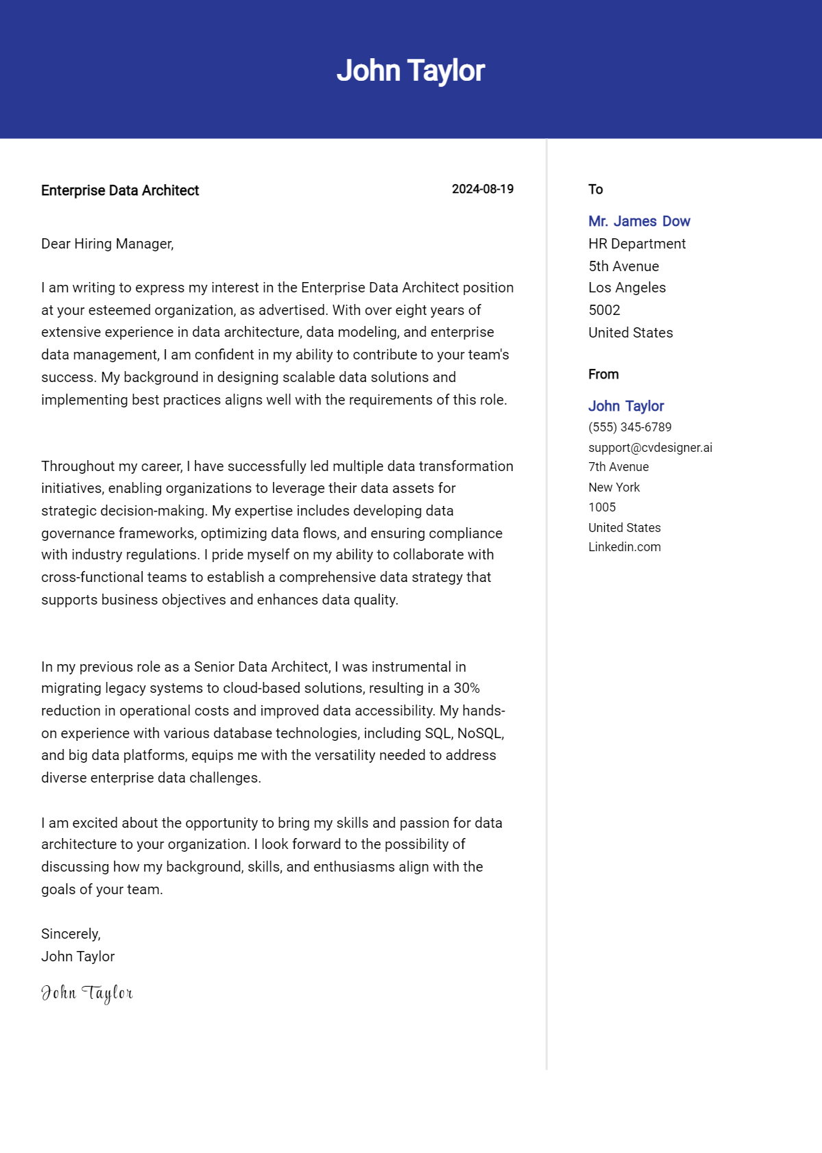 Enterprise Data Architect Cover Letter Example for 2026 (Download Templates) Preview