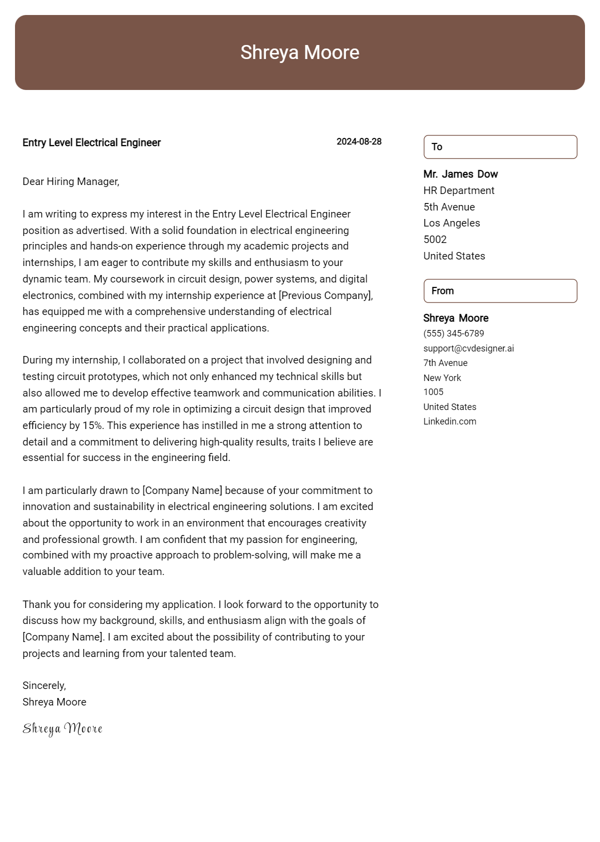 Entry Level Electrical Engineer Cover Letter Example for 2026 (Writing Guide) Preview