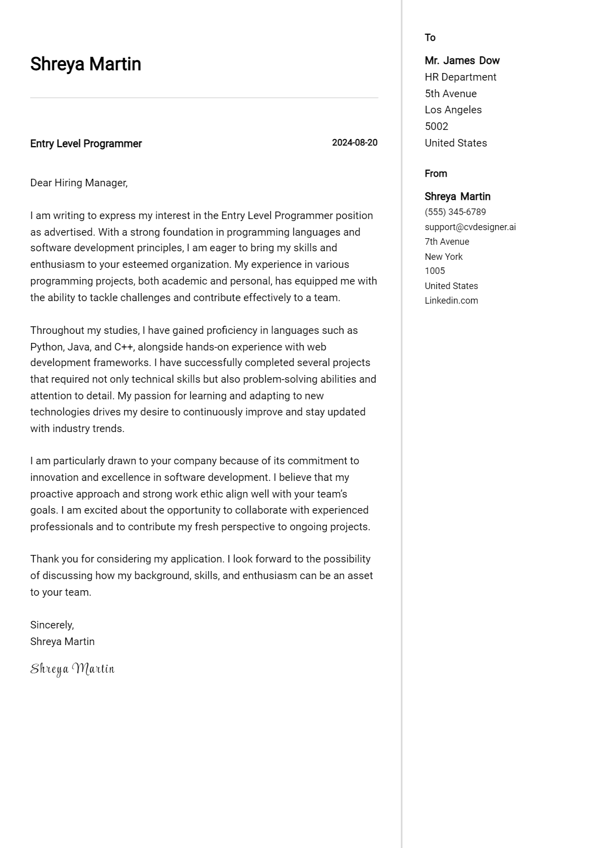 Entry Level Programmer Cover Letter Examples & Samples for 2026 Preview