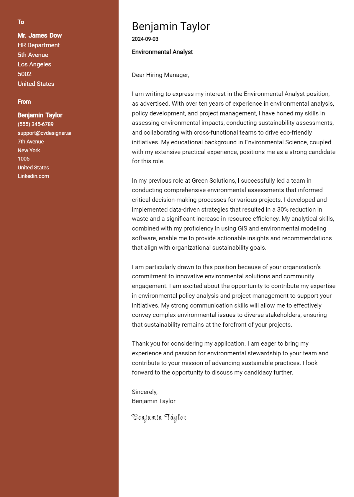 Environmental Analyst Cover Letter Example for 2026 (Free Templates) Preview
