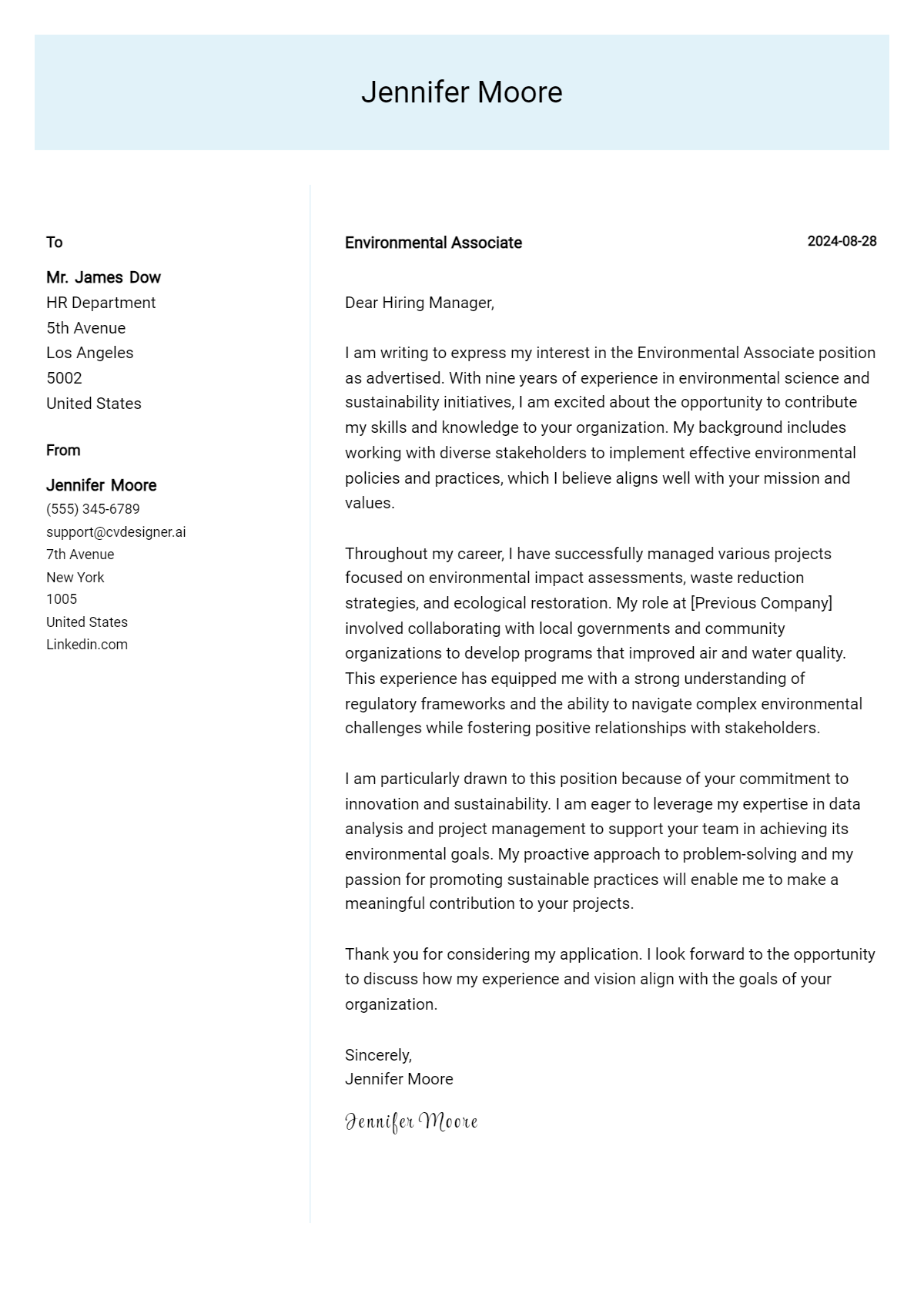 Environmental Associate Cover Letter Examples for 2026 (Downloadable) Preview