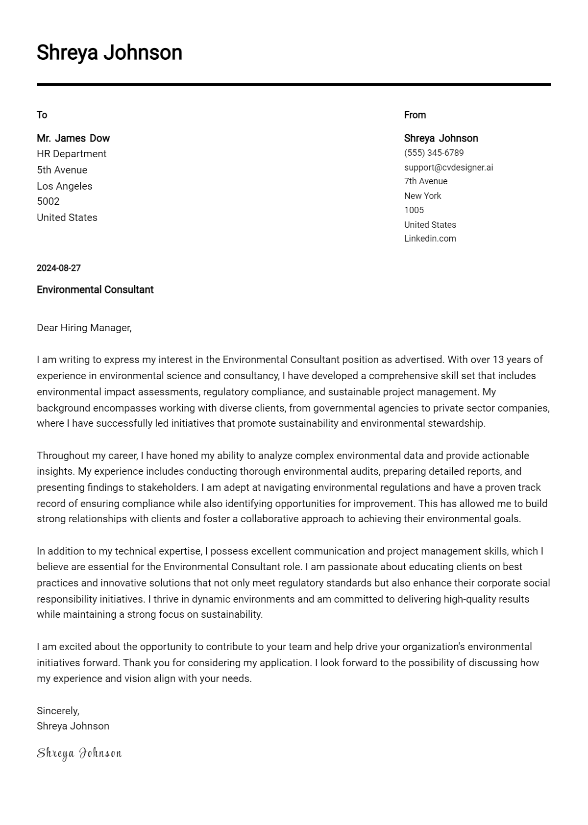 Environmental Consultant Cover Letter Examples for 2026 (Downloadable) Preview