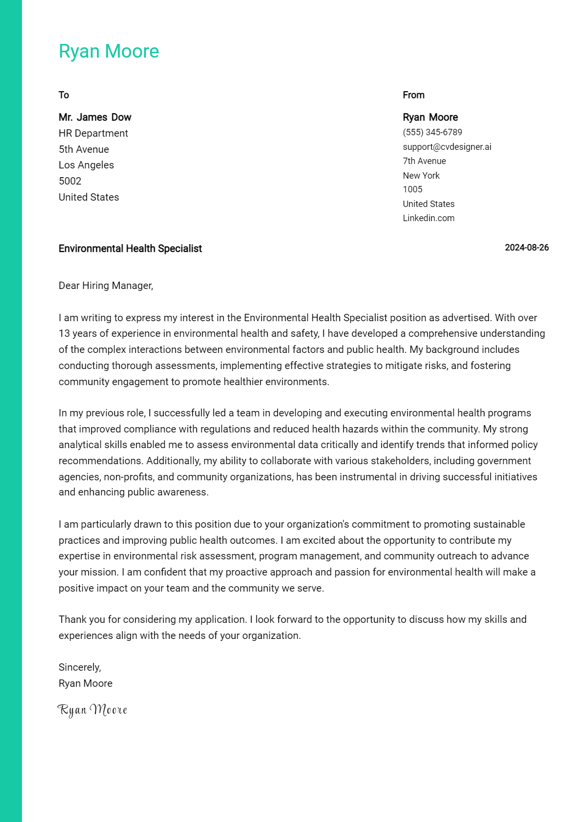 Environmental Health Specialist Cover Letter Example for 2026: Free Templates Preview