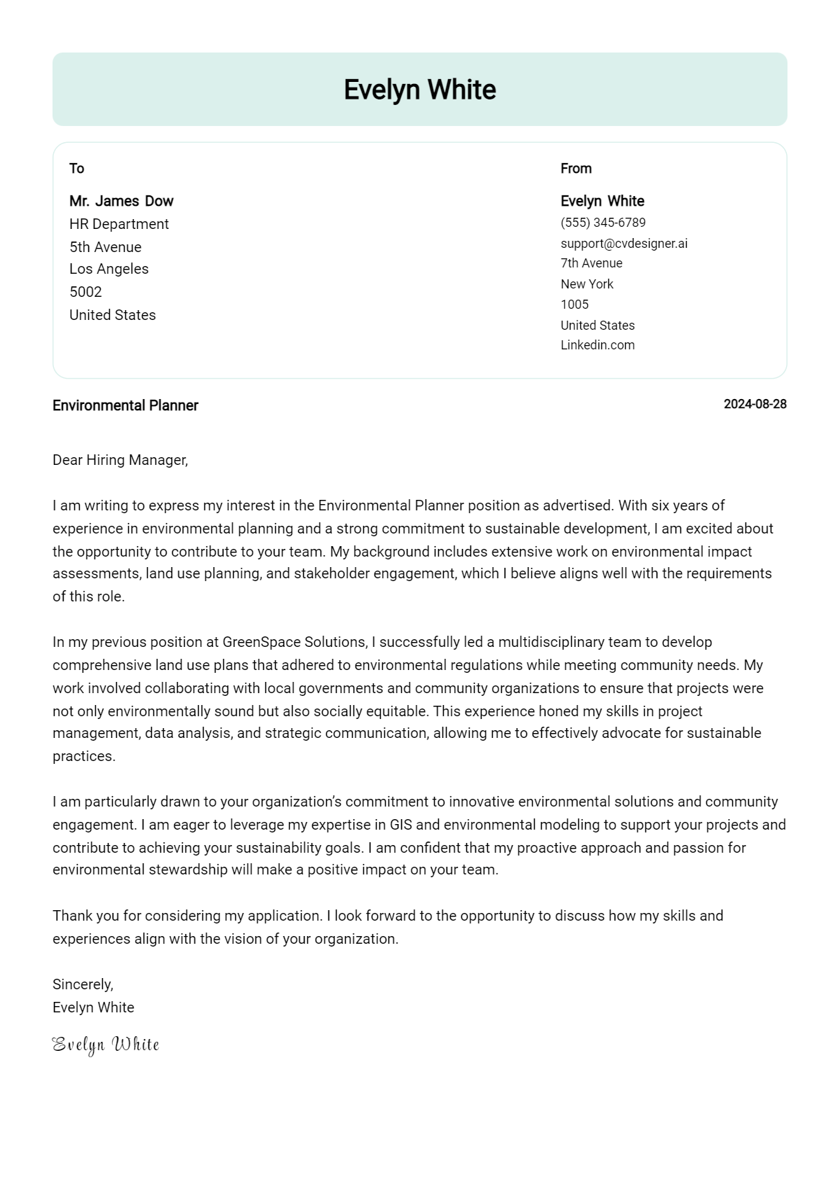 Environmental Planner Cover Letter Example for 2026: Ultimate Guide Preview