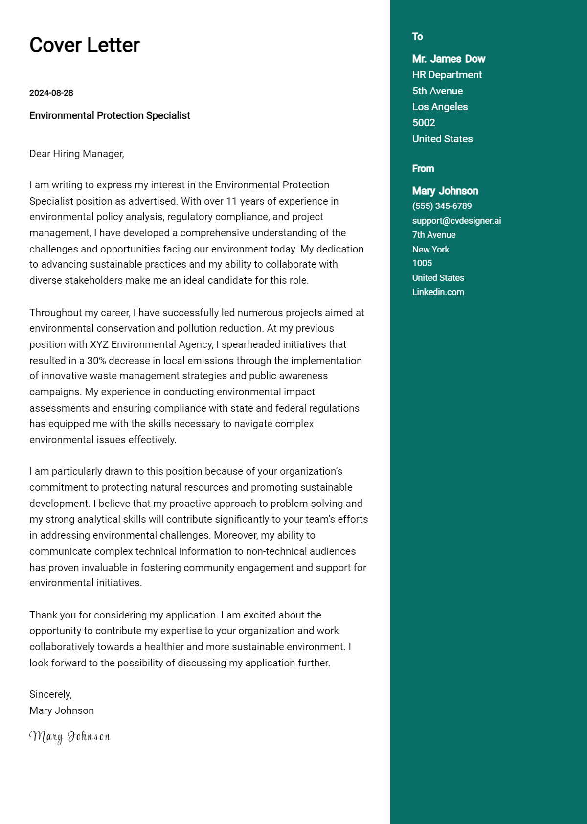 Environmental Protection Specialist Cover Letter Examples with Writing Tips for 2026 Preview