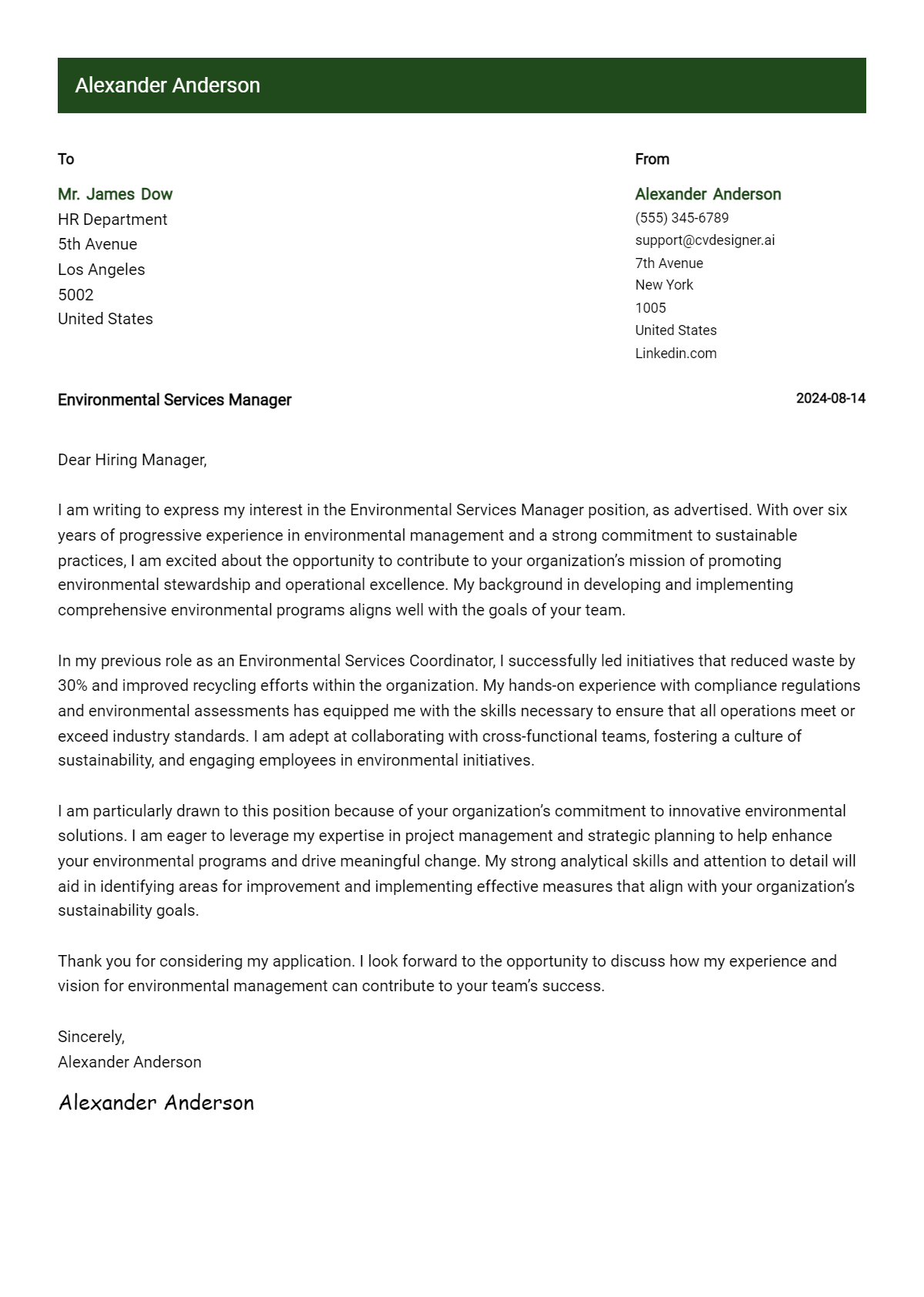 Environmental Services Manager Cover Letter Examples with Writing Tips for 2026 Preview