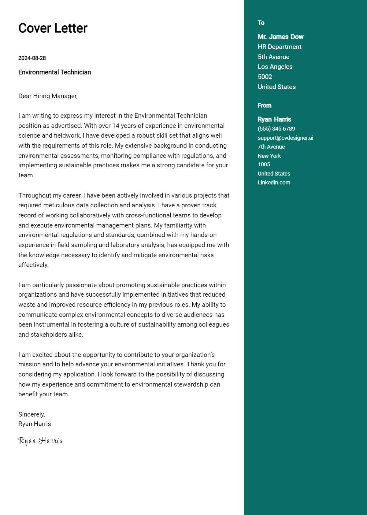Environmental Technician Cover Letter Examples for 2026 (Downloadable) Preview