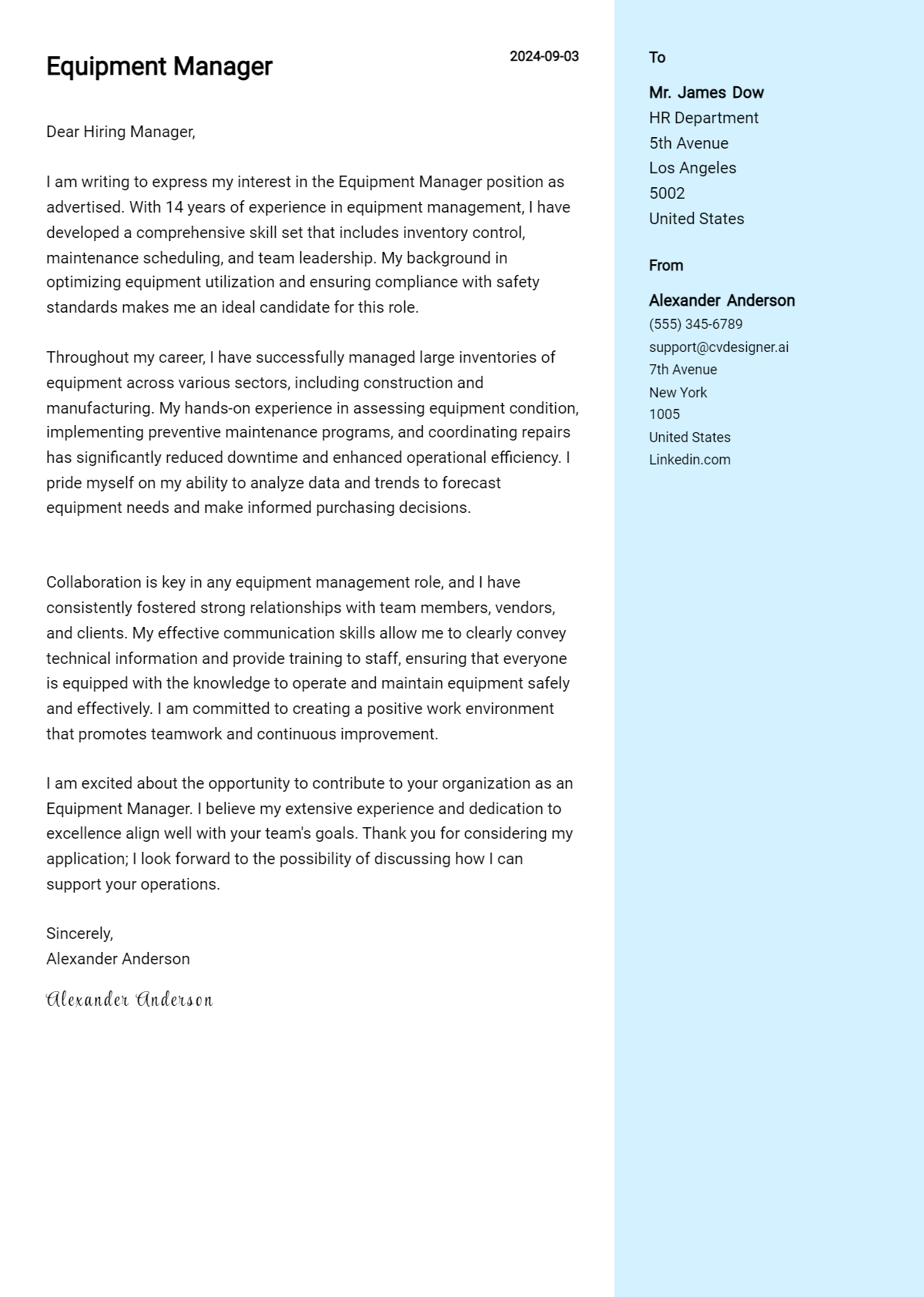 Equipment Manager Cover Letter Example for 2026: Expert Tips & Templates Preview