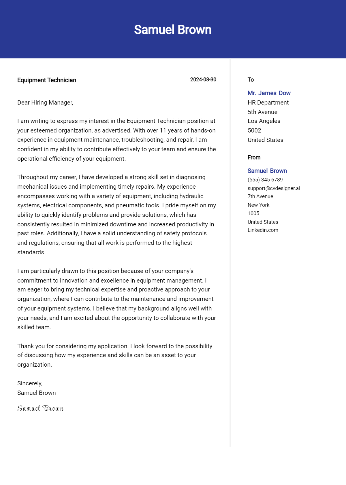Equipment Technician Cover Letter Example for 2026: Proven Tips Preview