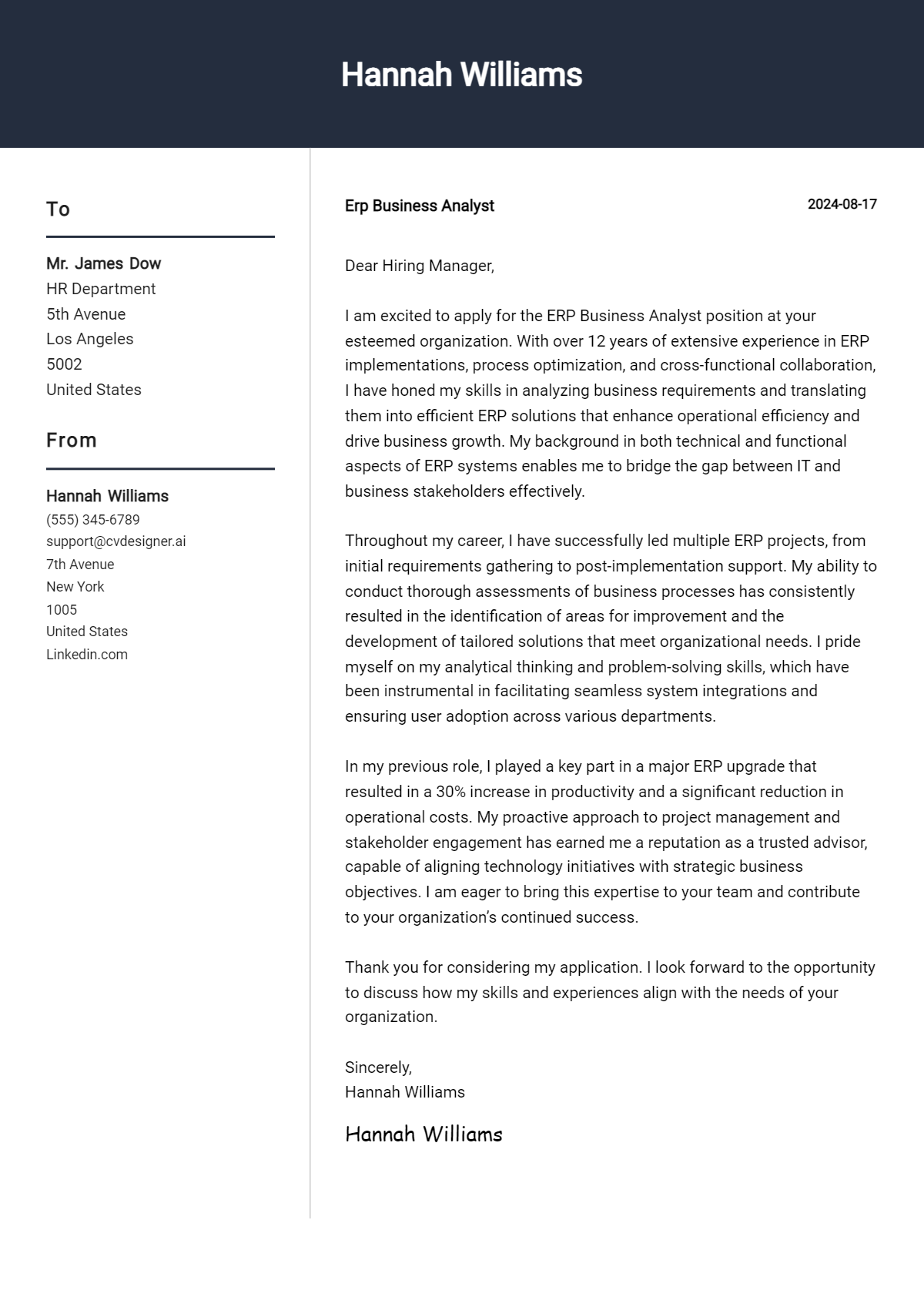 ERP Business Analyst Cover Letter Example for 2026 (Free Templates) Preview