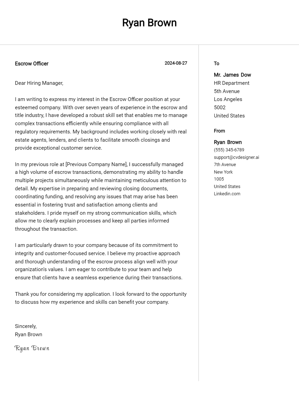 Escrow Officer Cover Letter Example for 2026 (Free Templates) Preview
