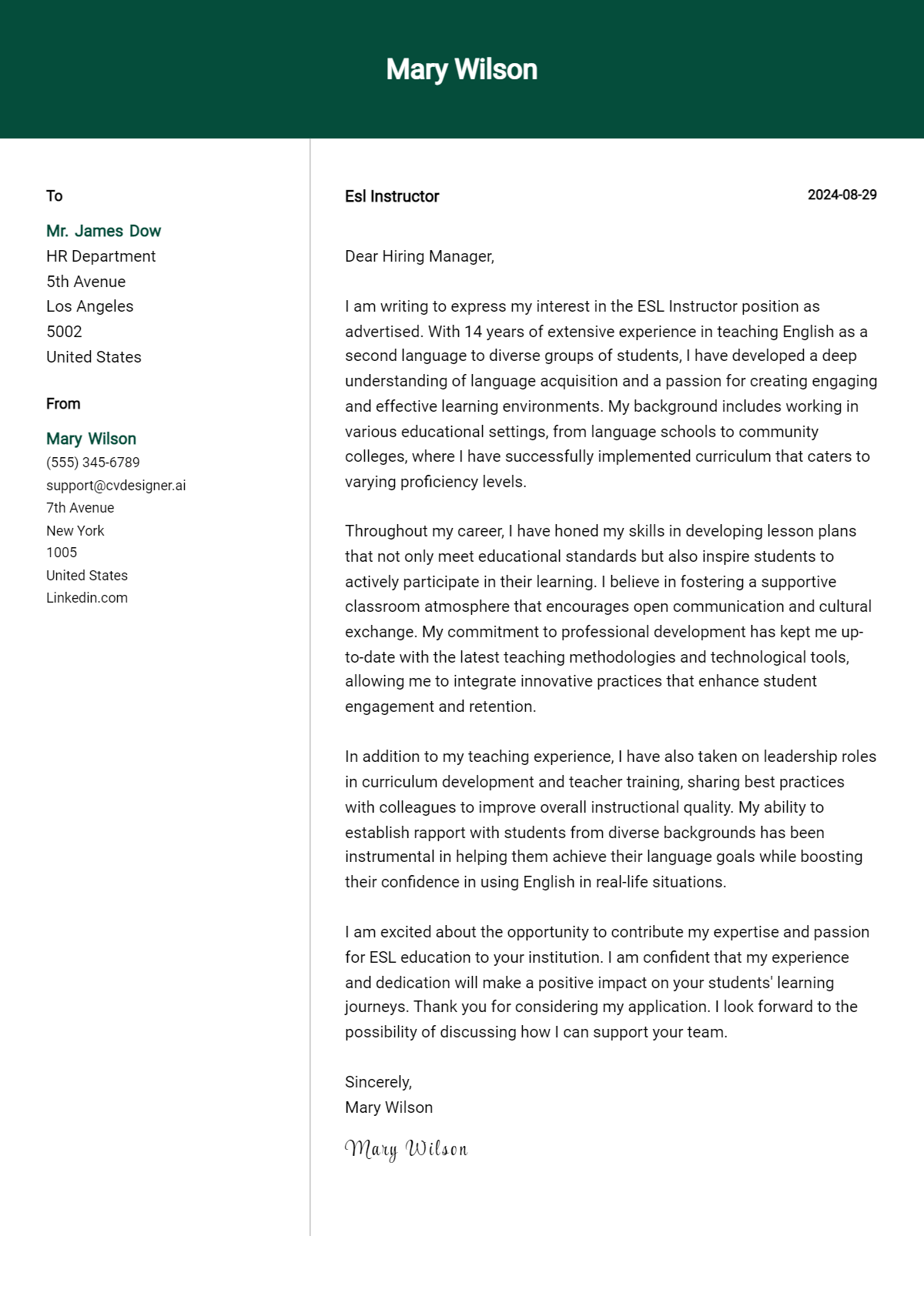 ESL Instructor Cover Letter Example for 2026 (Writing Guide) Preview