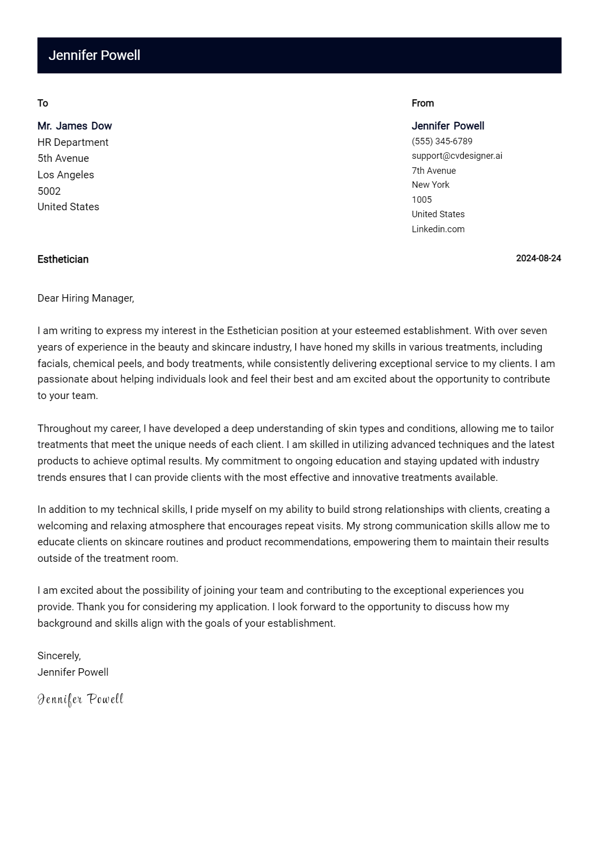 Esthetician Cover Letter Example for 2026 (Complete Writing Guide) Preview
