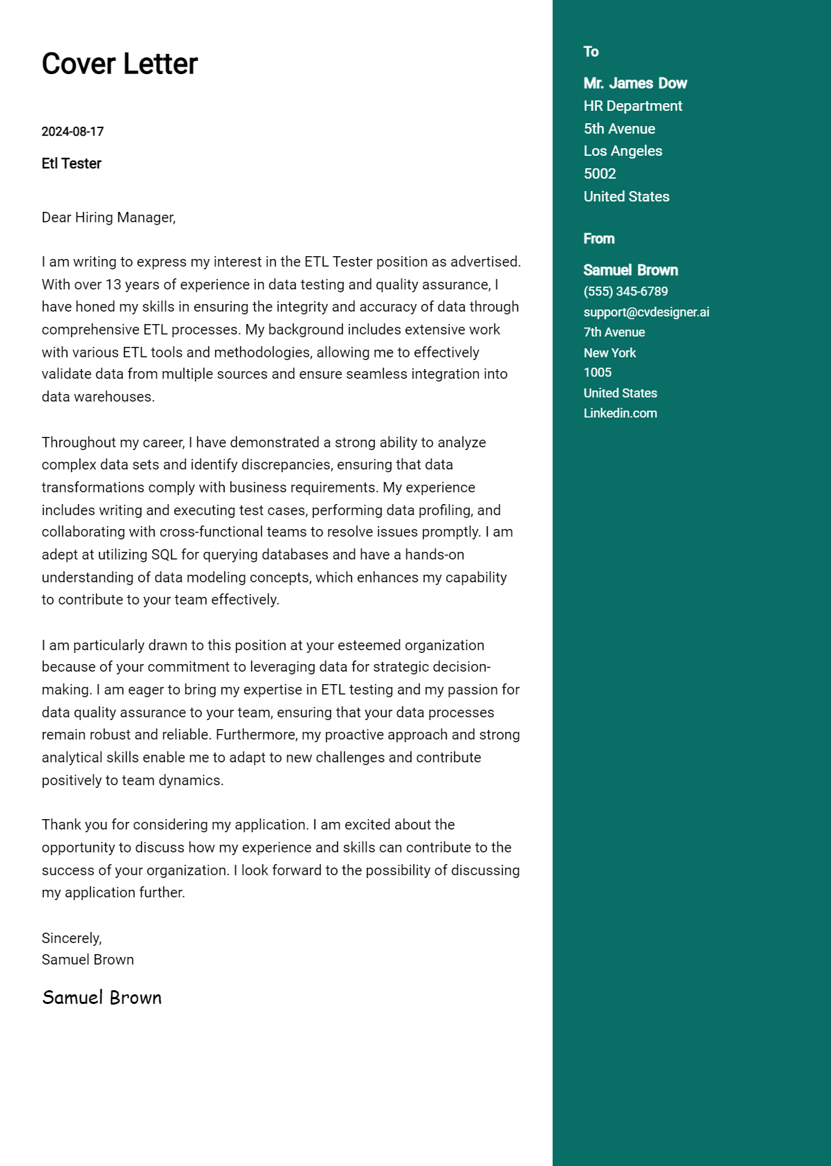 ETL Tester Cover Letter Examples & Samples for 2026 Preview