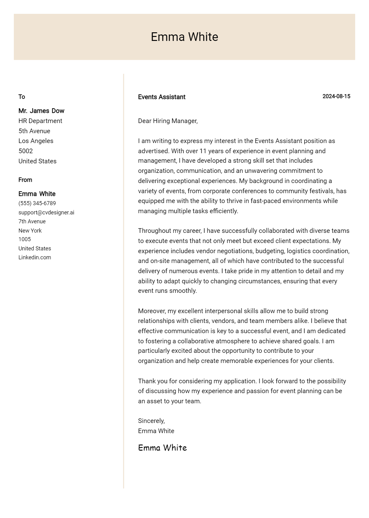 Events Assistant Cover Letter Examples for 2026 (Downloadable) Preview