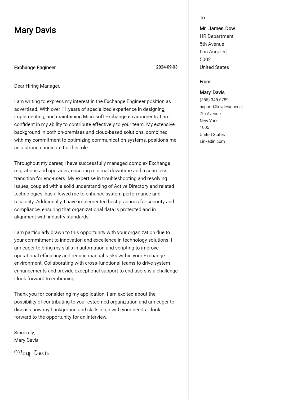 Exchange Engineer Cover Letter Example for 2026 (Complete Writing Guide) Preview