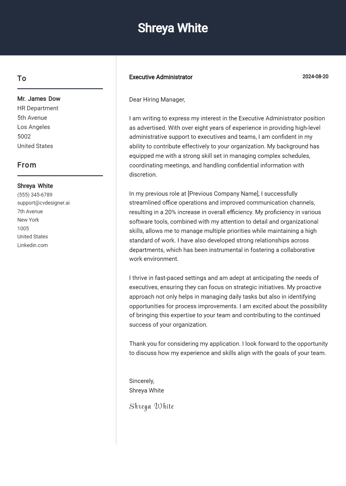 Executive Administrator Cover Letter Example for 2026: Top CV Skills Preview