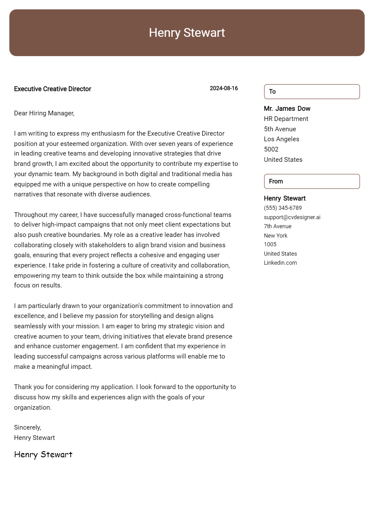 Executive Creative Director Cover Letter Example for 2026 (Writing Guide) Preview