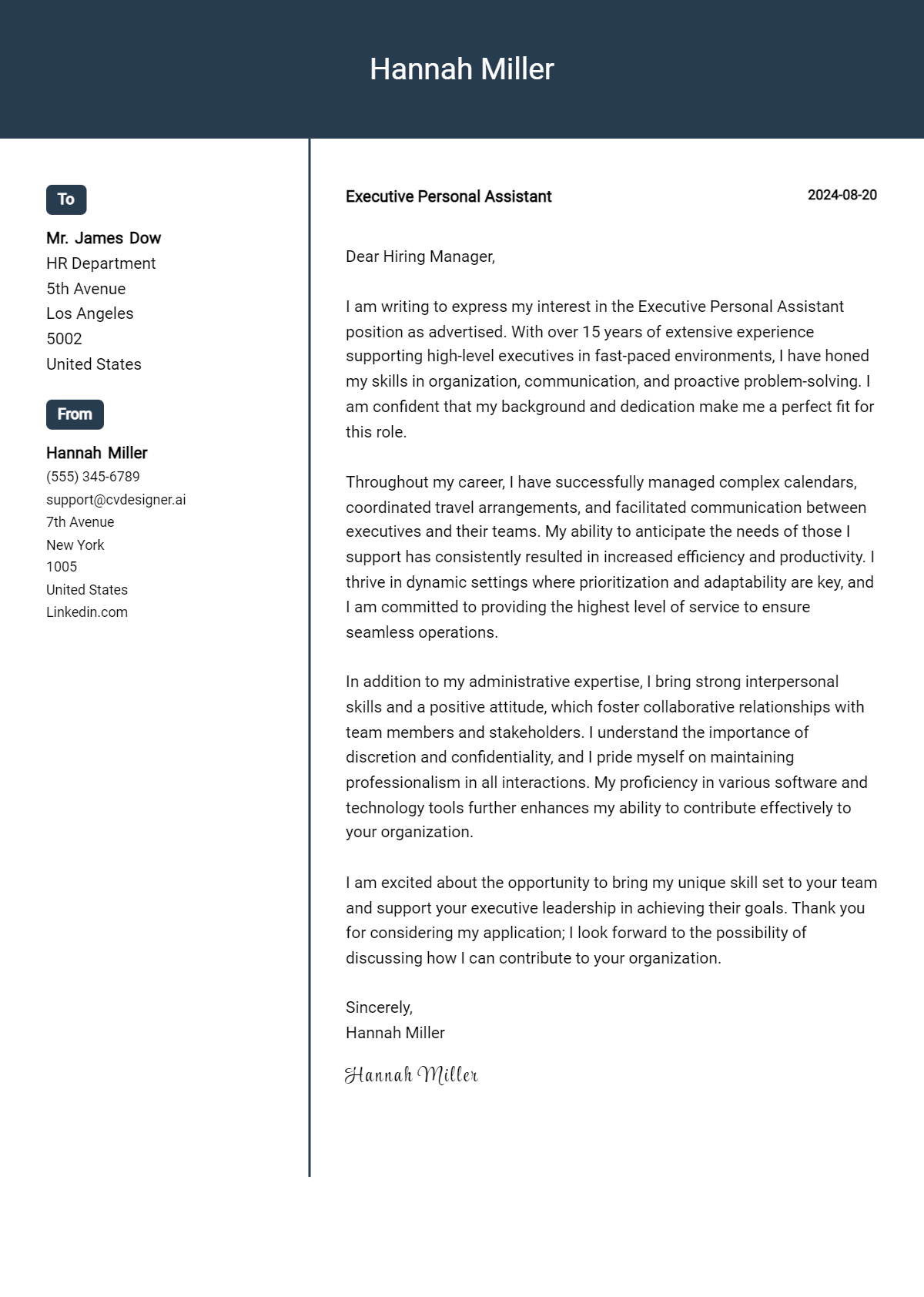 Executive Personal Assistant Cover Letter Example for 2026 (Writing Guide) Preview