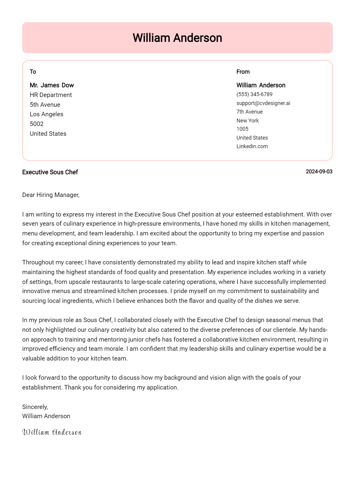 Executive Sous Chef Cover Letter Example for 2026 (Complete Writing Guide) Preview