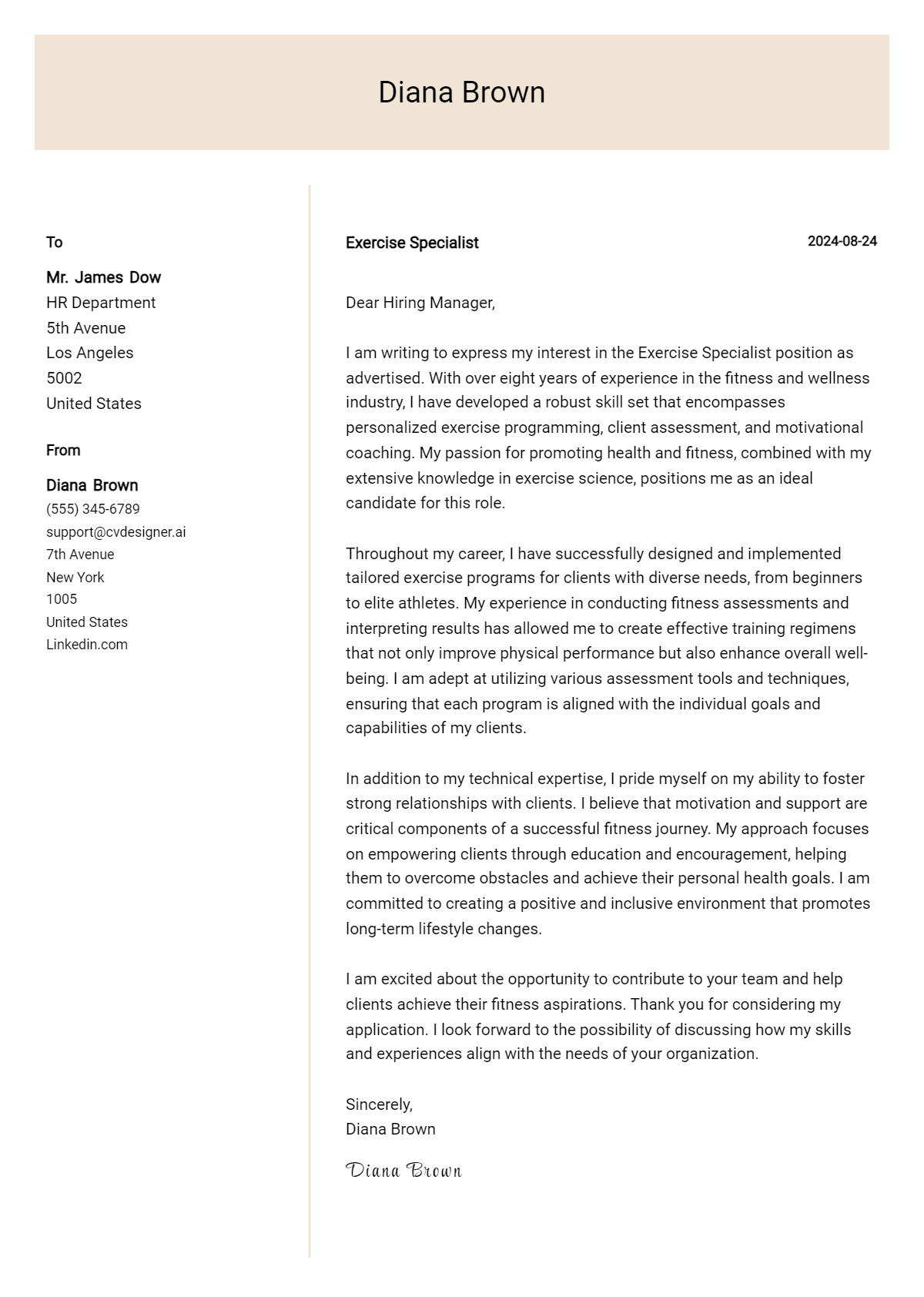 Exercise Specialist Cover Letter Example for 2026 (Free Templates) Preview
