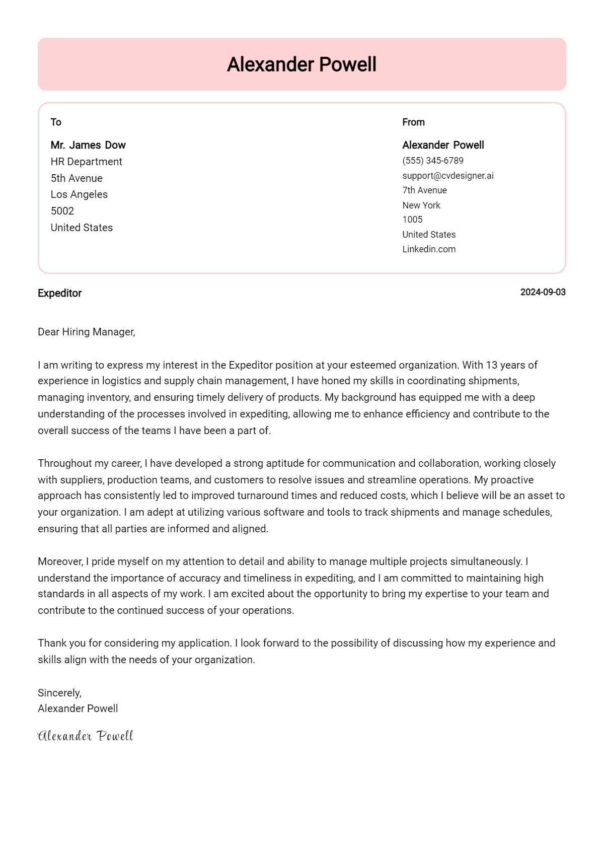 Expeditor Cover Letter Samples & Examples 2026 Preview