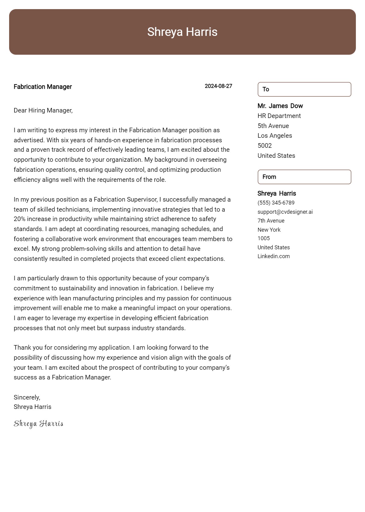 Fabrication Manager Cover Letter Example for 2026: Expert Tips & Templates Preview