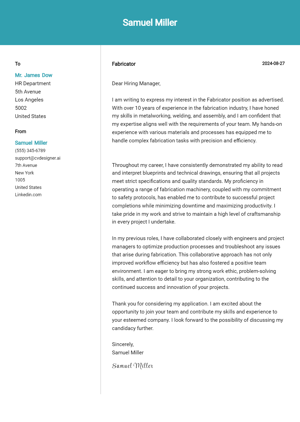 Fabricator Cover Letter Examples with Writing Tips for 2026 Preview