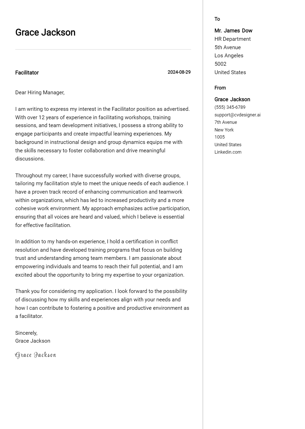 Facilitator Cover Letter Example for 2026: Free Templates Preview
