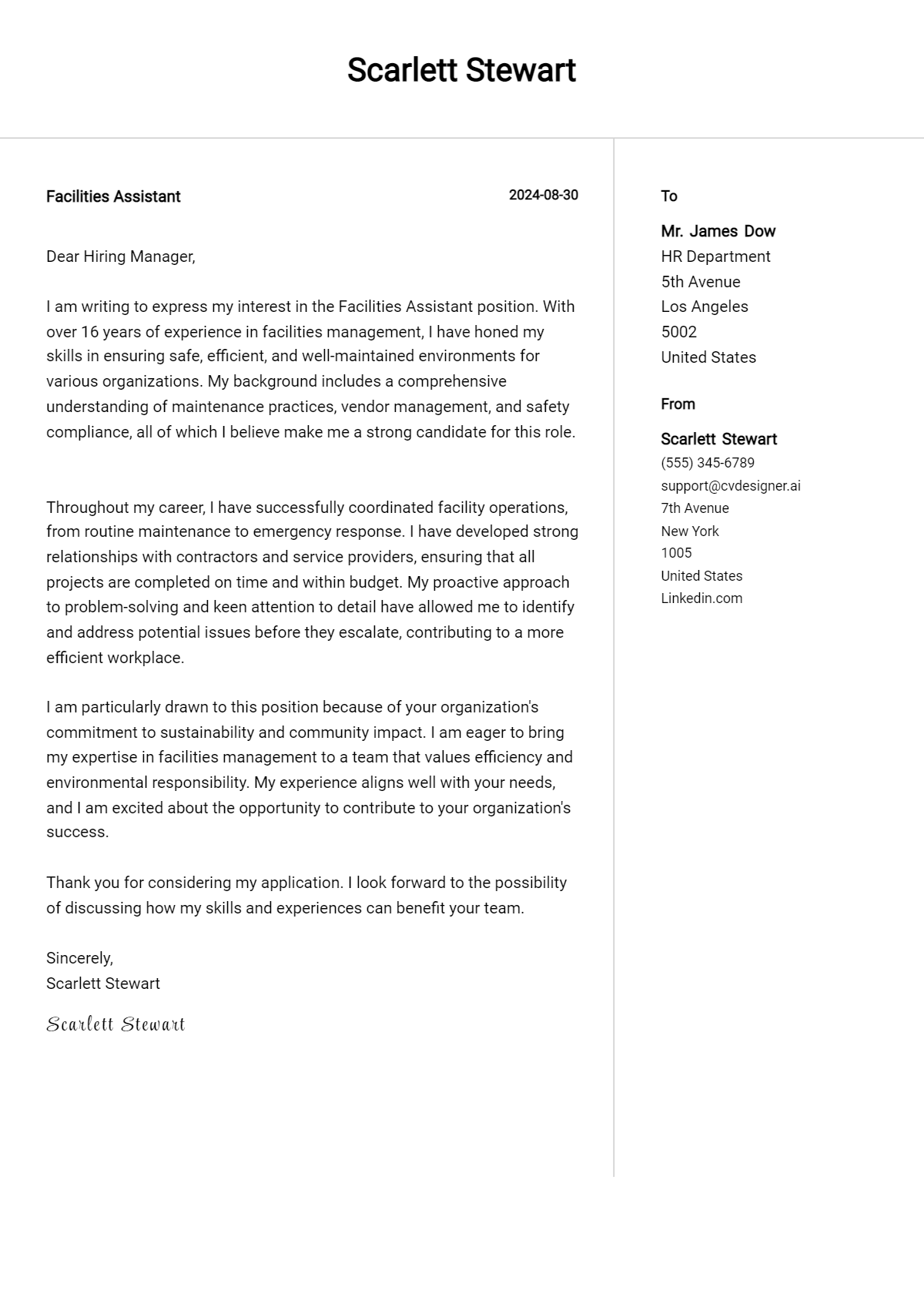 Facilities Assistant Cover Letter Example for 2026: Tips & Templates Preview