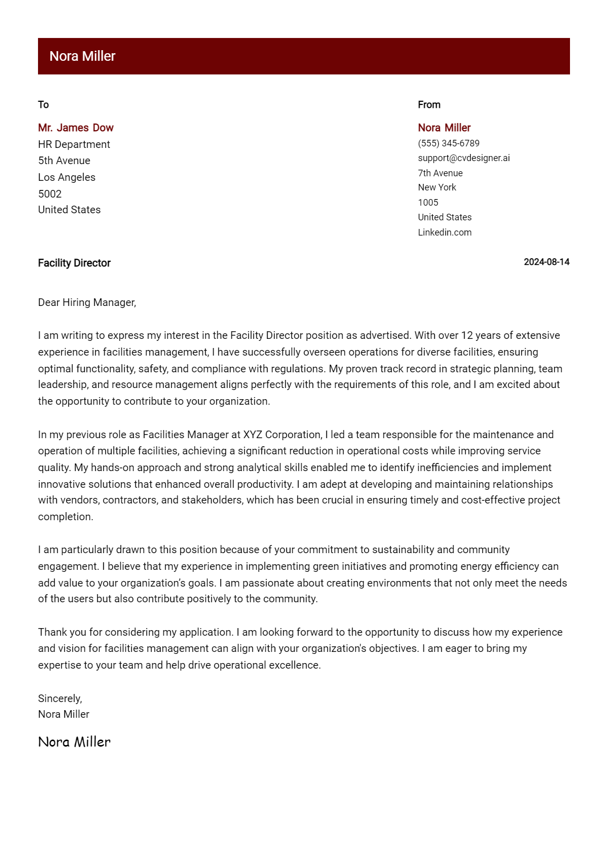Facility Director Cover Letter Example for 2026 (Download Templates) Preview