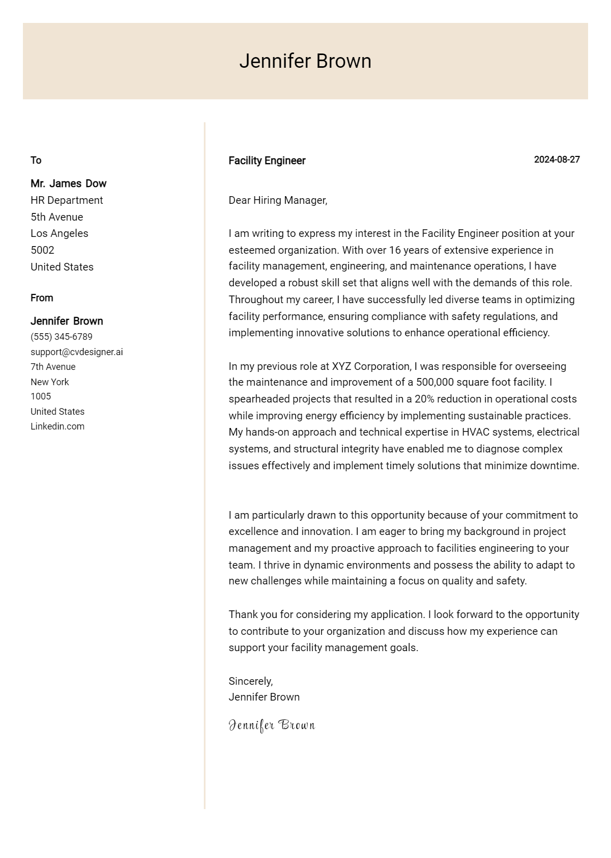Facility Engineer Cover Letter Example for 2026 (Writing Guide) Preview