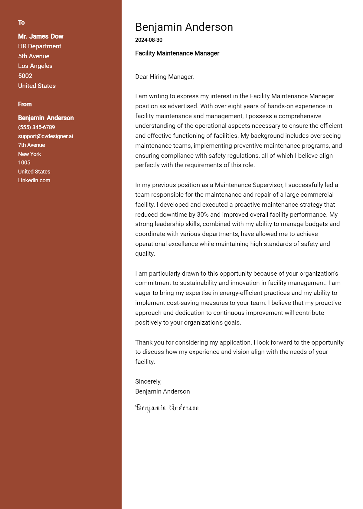 Facility Maintenance Manager Cover Letter Example for 2026: Free Templates Preview