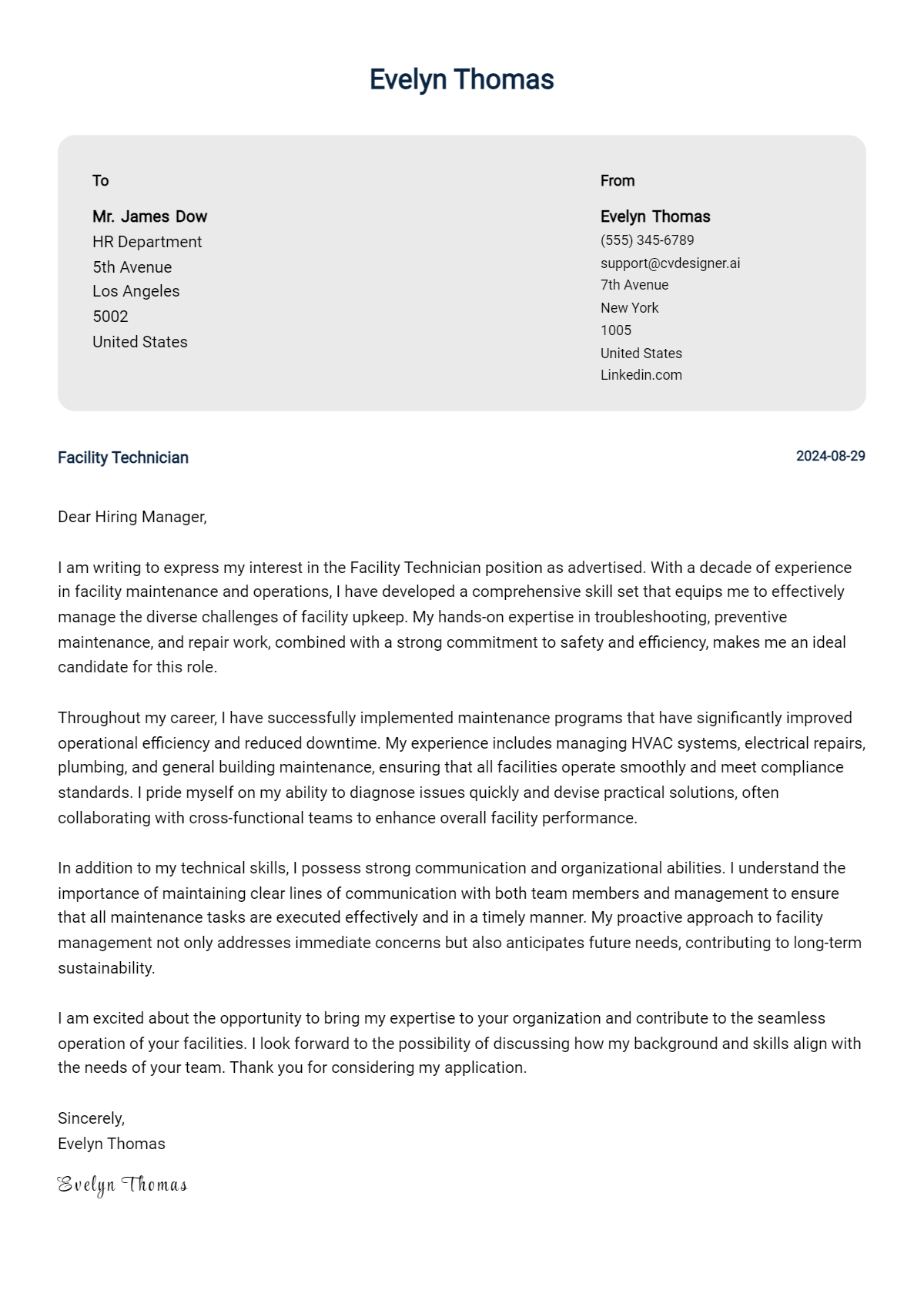 Facility Technician Cover Letter Examples for 2026 (Downloadable) Preview